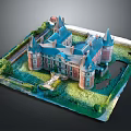 Red Brick Castle Building With Blue Roofs Towers And Green Lawn Pathways