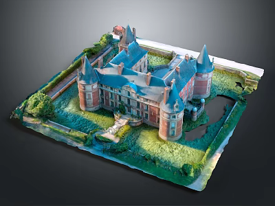Red Brick Castle Building With Blue Roofs Towers And Green Lawn Pathways 3d model