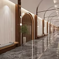 Elegant Hotel Corridor With Arched Ceilings Marble Flooring Wooden Decor And Benches
