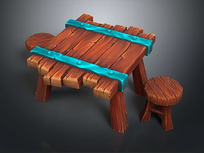 Rustic Wooden Table Set with Blue Metal Straps Rivets and Matching Stool 3d model
