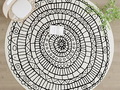 Round Black and White Mandala Geometric Pattern Rug with Open Book in Living Space 3d model