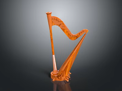 Elegant Orange Wooden Harp With Intricate Design And Fine String Details 3d model