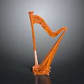 Elegant Orange Wooden Harp With Intricate Design And Fine String Details