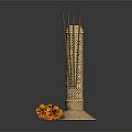 Traditional Decorative Brass Incense Burner With Incense Sticks And Orange Flowers