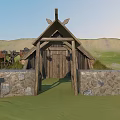 Traditional Thatched Houses on Green Grassland with Rolling Hills and Wooden Carts with Wheels