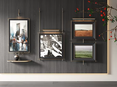 Stylish Wall Decor With Framed Artworks Shelf And Red Branches Accent 3d model