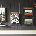 Stylish Wall Decor With Framed Artworks Shelf And Red Branches Accent