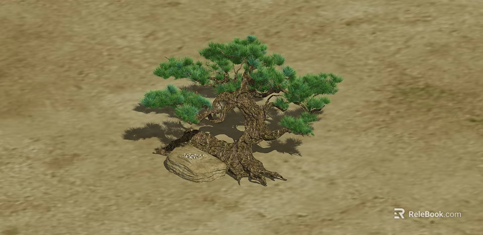 Whimsical Cartoon Scene With Old Pine Tree Twisted Roots And Stone Base On Sandy Ground 3d model 
