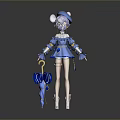 Elegant 3D Fantasy Character In Blue Outfit With Hat And Umbrella