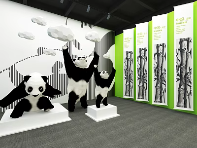 Playful Panda Sculptures On Display Stands With Green Panels And Bamboo Patterns 3d model