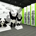 Playful Panda Sculptures On Display Stands With Green Panels And Bamboo Patterns