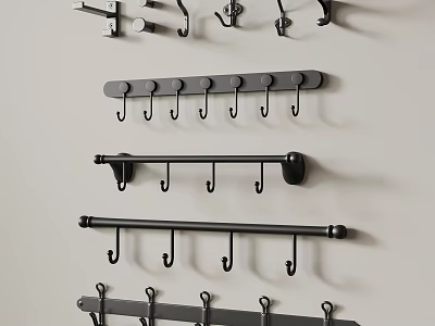 Different Styles Of Wall Hooks With Multiple Hooks Installed On Light Wall 3d model