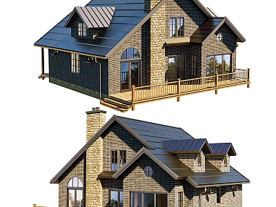 Traditional Detached House With Brick Exterior Gabled Roof Wooden Porch And Large Windows 3d model