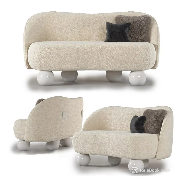 Modern Beige Fluffy Irregular Shaped Sofa With Spherical Legs And Black Cushions 3d model 
