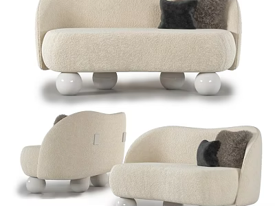 Modern Beige Fluffy Irregular Shaped Sofa With Spherical Legs And Black Cushions 3d model