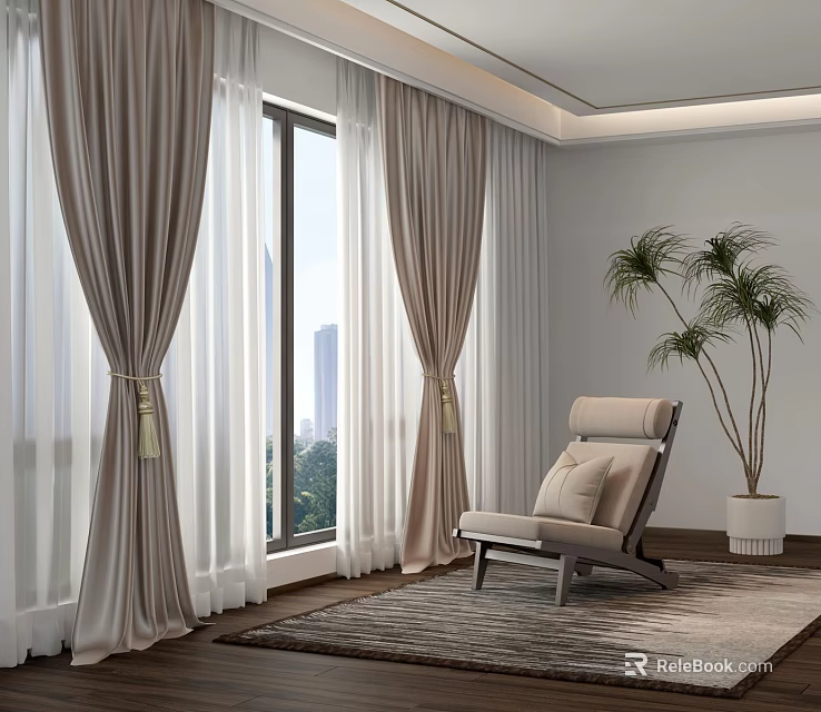 Beige Linen Curtains With Tassel Tiebacks By Window In Modern Living Room With City View 3d model 