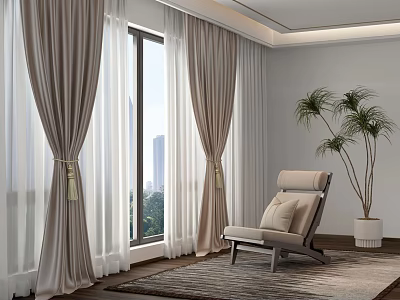 Beige Linen Curtains With Tassel Tiebacks By Window In Modern Living Room With City View 3d model