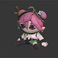 Cute Cartoon Character with Pink Hair Green Leaf Accents White Flower and Purple Pants Design
