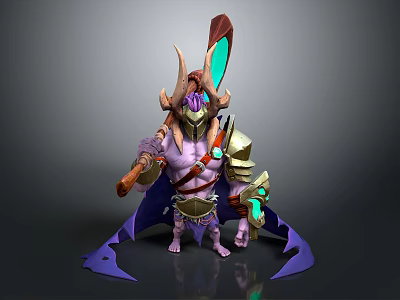 Mythical Game Movie Character Featuring Purple Skin Horns Armor Purple Cape And Green Glowing Weapon 3d model
