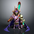 Mythical Game Movie Character Featuring Purple Skin Horns Armor Purple Cape And Green Glowing Weapon