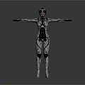 Female Cyborg Figure with Mechanical and Biological Elements Standing with Arms Outstretched Against Gray Background