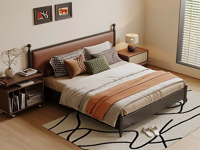 Cozy Double Bed with Brown Headboard Colorful Pillows Orange Blanket Nightstand Lamp and Geometric Rug 3d model