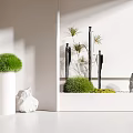 Minimalist Indoor Landscape With White Vase Green Plants Metal Decor White Sculptures And Sunlight Shadows