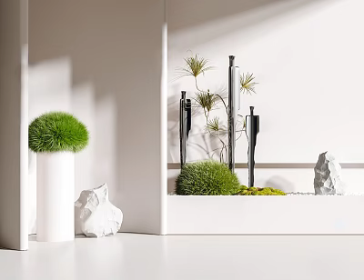 Minimalist Indoor Landscape With White Vase Green Plants Metal Decor White Sculptures And Sunlight Shadows 3d model