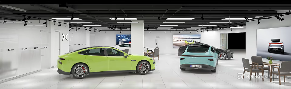 4S Car Dealership Showroom With New Vehicles On Display And Bright Interior Design 3d model 
