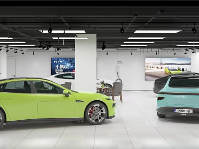 4S Car Dealership Showroom With New Vehicles On Display And Bright Interior Design 3d model
