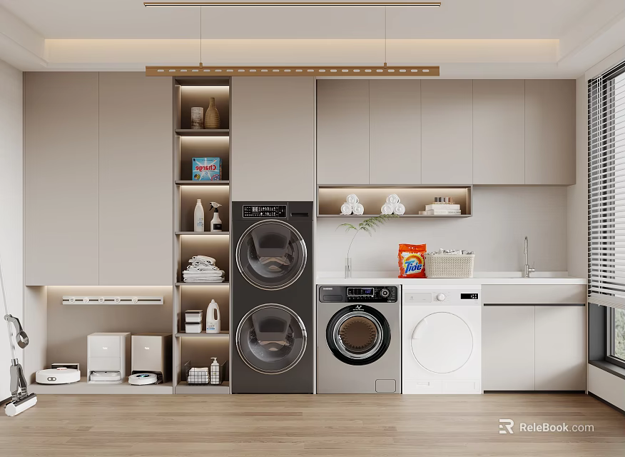 Modern Bathroom Cabinet Rack with Washing Machine Dryer and Storage Shelves 3d model 