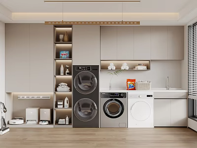 Modern Bathroom Cabinet Rack with Washing Machine Dryer and Storage Shelves 3d model