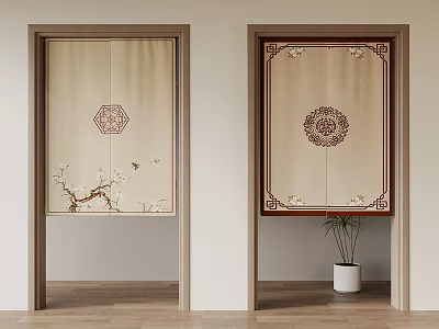 Traditional Decorative Doors With Hexagonal Circular Patterns And Plum Blossom Branches In Interior Design 3d model