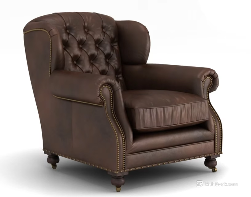 Brown Leather Tufted Wingback Armchair With Brass Nailhead Trim And Wooden Legs 3d model 