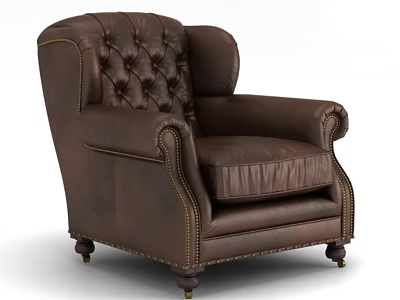 Brown Leather Tufted Wingback Armchair With Brass Nailhead Trim And Wooden Legs 3d model