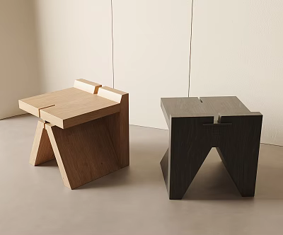 Light And Dark Colored Modern Wooden Stools With Geometric Legs And Square Top Design 3d model