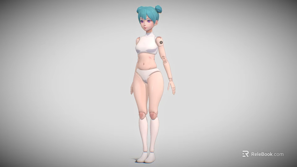 3D Game and Movie Character with Turquoise Bun Hair White Outfit Mechanical Arm and Knee 3d model 