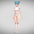 3D Game and Movie Character with Turquoise Bun Hair White Outfit Mechanical Arm and Knee