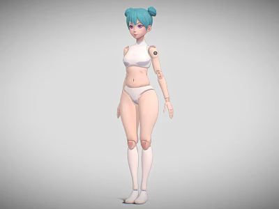 3D Game and Movie Character with Turquoise Bun Hair White Outfit Mechanical Arm and Knee 3d model