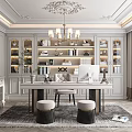 Study Room Interior With White Built In Bookshelves Ornate Chandelier And Wooden Desk