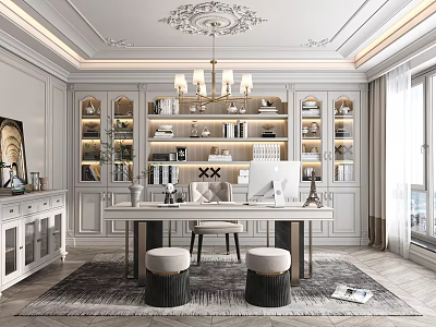 Study Room Interior With White Built In Bookshelves Ornate Chandelier And Wooden Desk 3d model