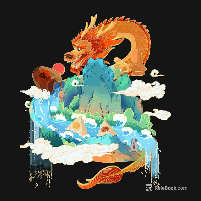 Mythical Red Dragon Artwork With Green Mountains Flowing Water And White Clouds 3d model 