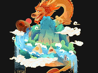 Mythical Red Dragon Artwork With Green Mountains Flowing Water And White Clouds 3d model