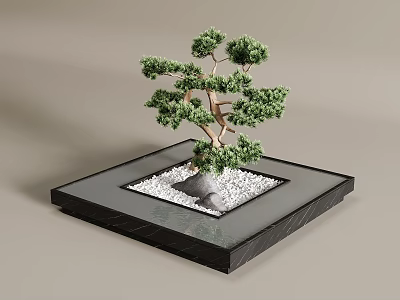 Bonsai Tree in Black Square Tray with White Pebbles and Stone Decor 3d model
