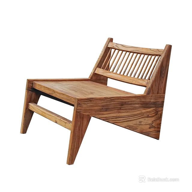 Wooden Leisure Chair Modern Design with Slatted Backrest Solid Wood Material and Natural Wood Grain 3d model 
