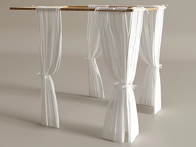 Elegant White Curtain With Wooden Rod And Tied Drapes For Home Decor 3d model