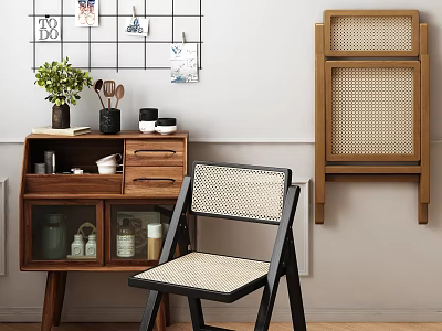 Modern Rattan Accent Chair With Black Frame Wooden Cabinet And Wall Decor 3d model