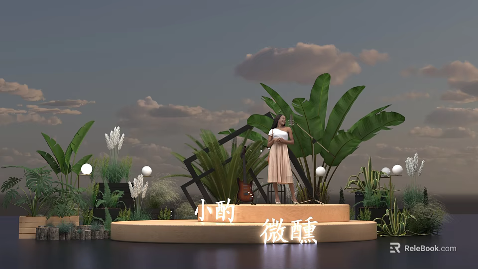 Woman Holding Drink on Platform Surrounded by Green Plants and Banana Leaves 3d model 
