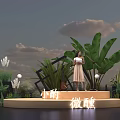 Woman Holding Drink on Platform Surrounded by Green Plants and Banana Leaves