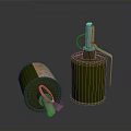 Two Green Cylindrical Military Grenades With Fuse Pull Ring And Side Label